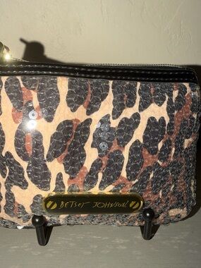 Betsey Johnson Sequined Leopard Print Clutch in Pink, Black & Brown
